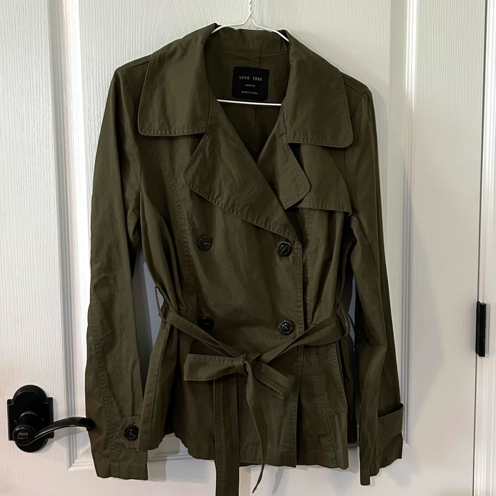 Love Tree Army Green Belted Trench Coat